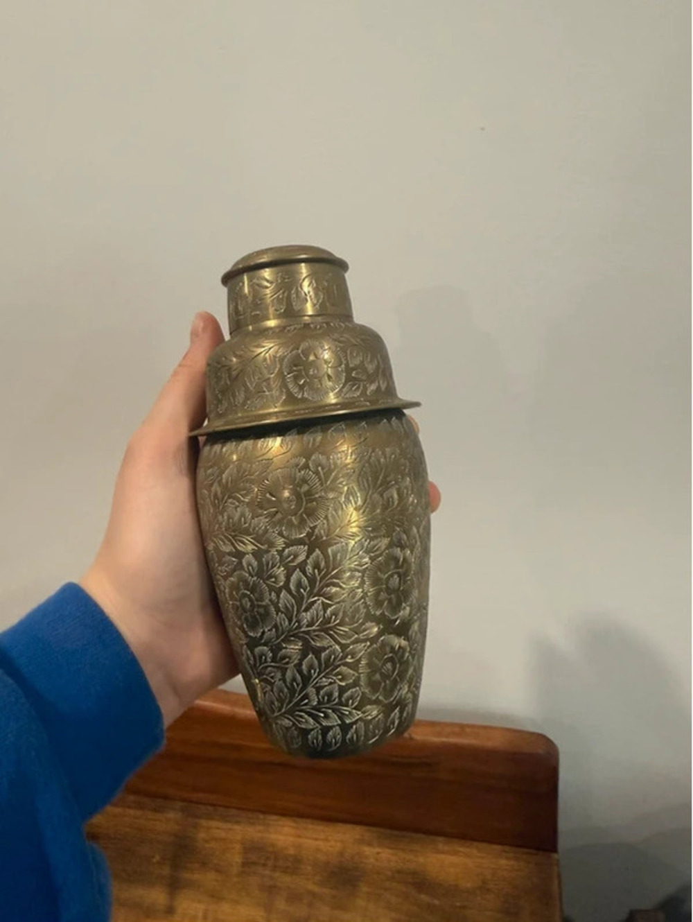 Vintage Engraved Brass Cocktail Shaker Floral Etched Barware